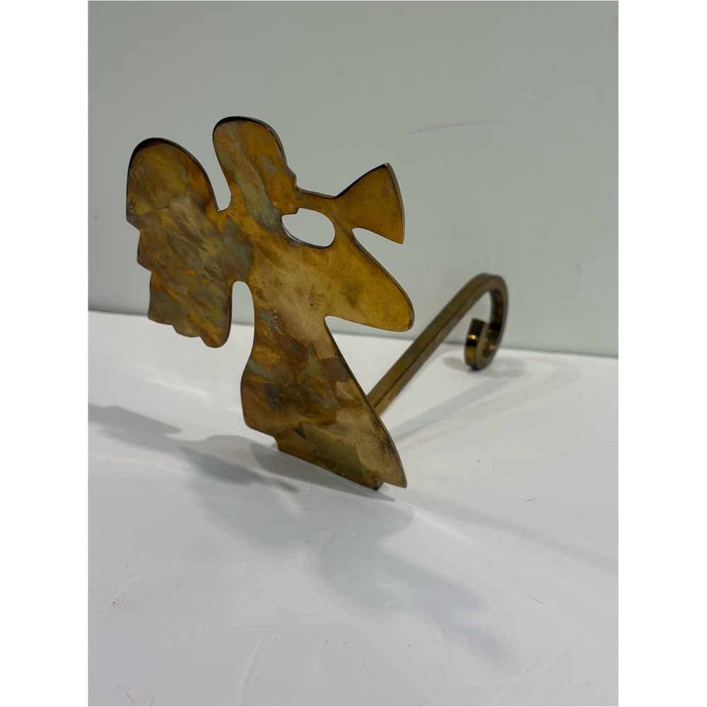 Vintage Solid Brass Angel Christmas Stocking Holder Hanger Long Arm 8"